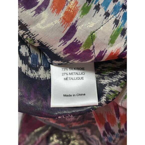 TORY BURCH purple orange green aztec print metallic silk long sleeve top blouse - Picture 3 of 10